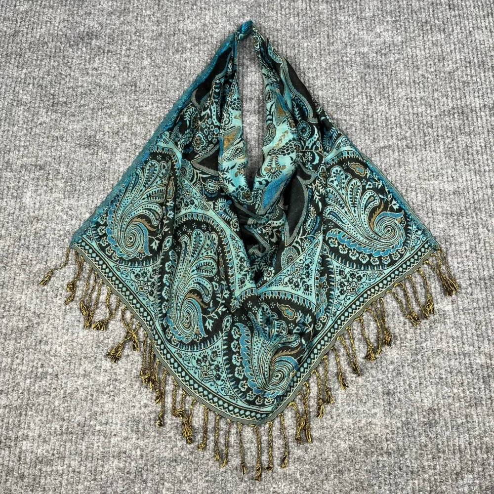 The Poshmina Scarf Womens Teal Gold Paisley Fringe Shawl Wrap Boho USA Made